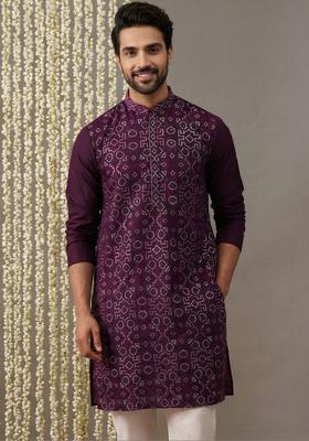 Purple Embroidered Silk Kurta For Men