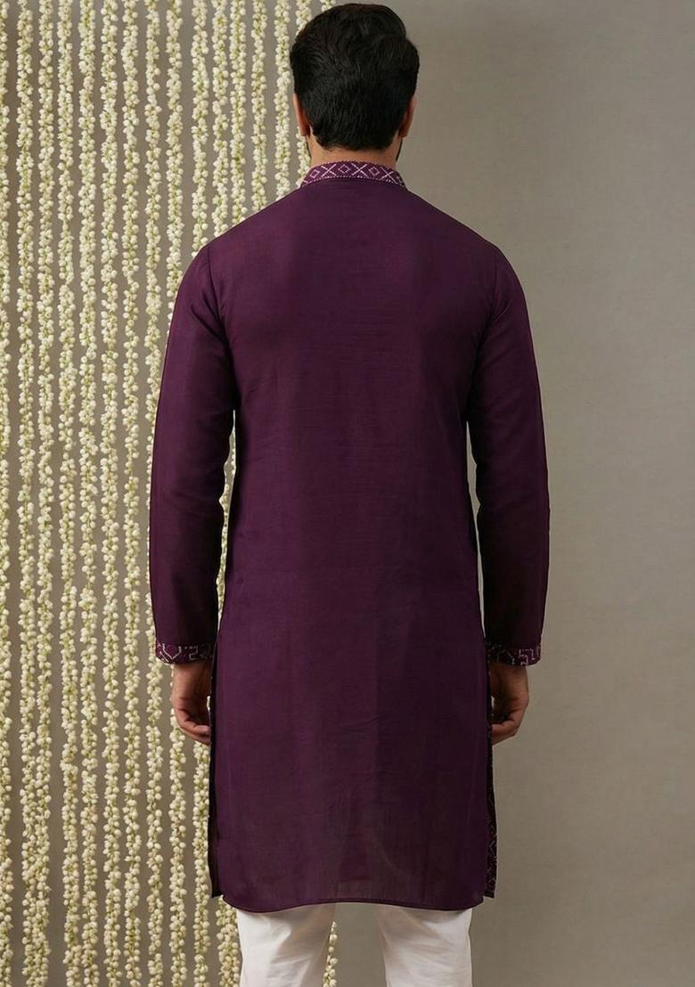 Purple Embroidered Silk Kurta For Men - Indya
