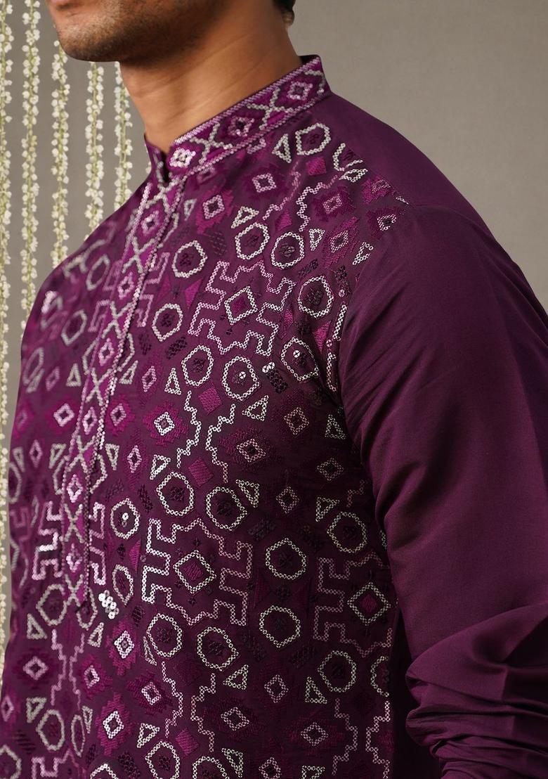 Purple Embroidered Silk Kurta For Men - Indya