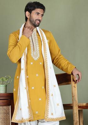 Yellow Embroidered Silk Kurta With Dupatta For Men