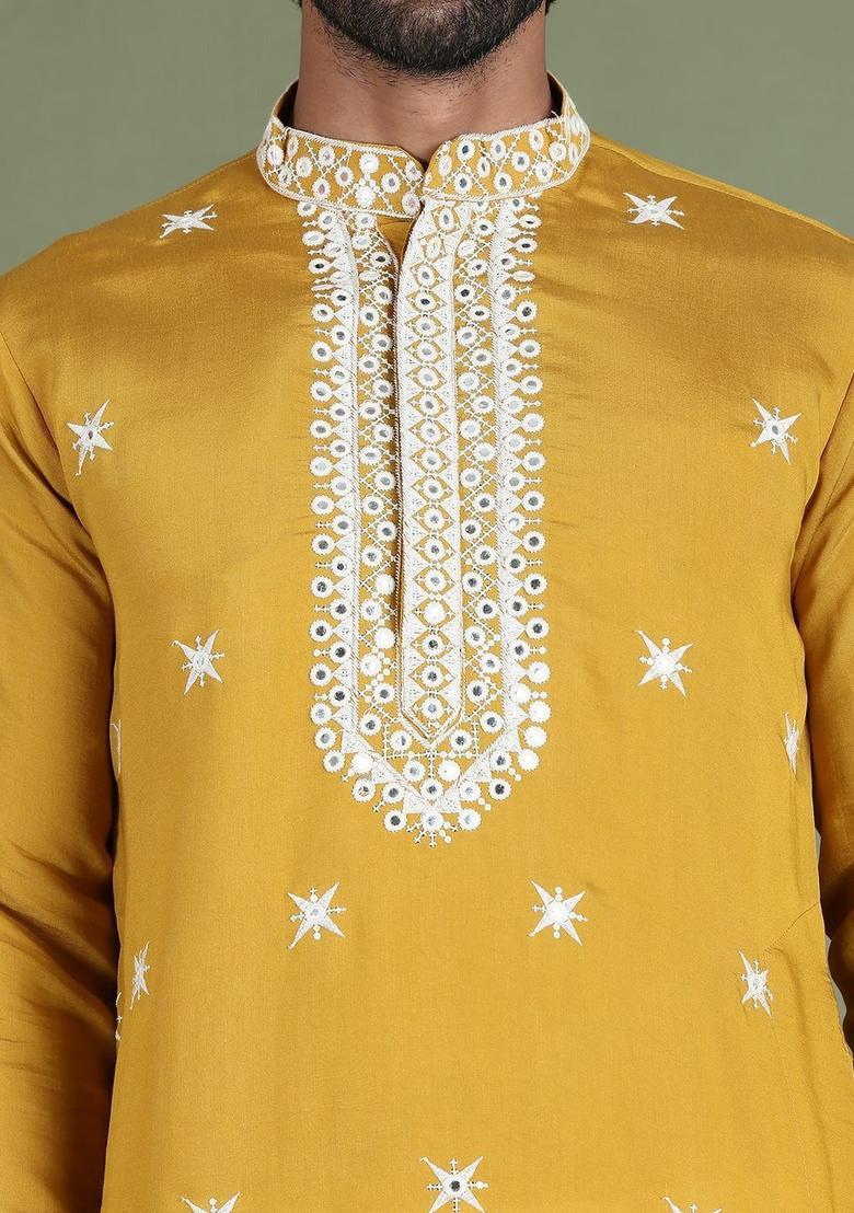 Yellow Embroidered Silk Kurta With Dupatta For Men - Indya