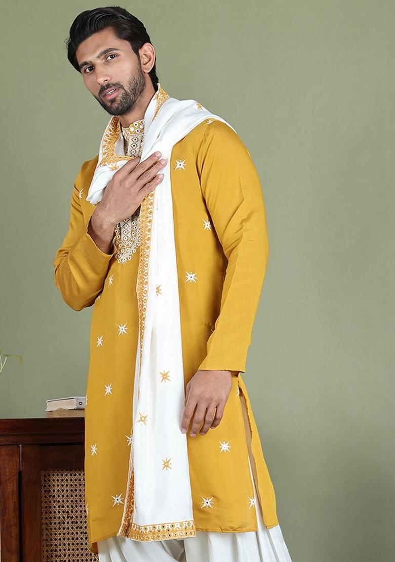 Yellow Embroidered Silk Kurta With Dupatta For Men - Indya