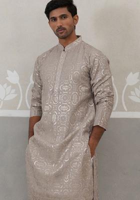 Grey Embroidered Silk Kurta For Men