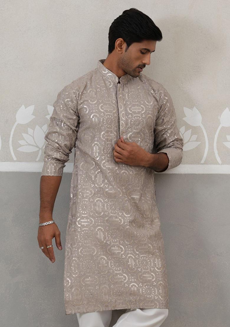 Grey Embroidered Silk Kurta For Men - Indya