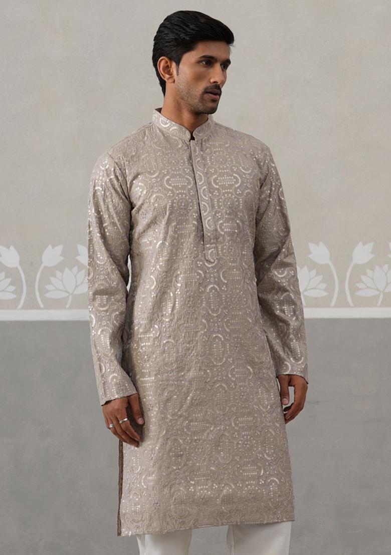 Grey Embroidered Silk Kurta For Men - Indya