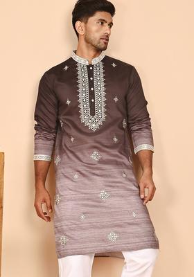 Brown Embroidered Silk Kurta For Men
