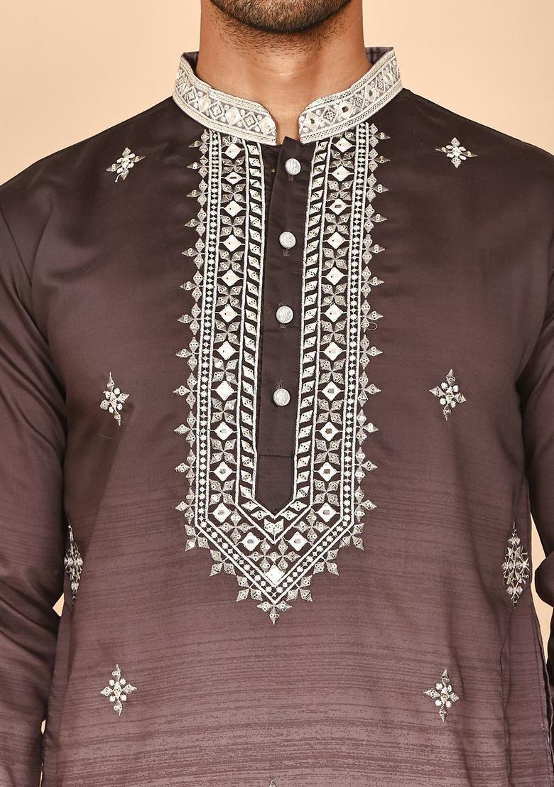 Brown Embroidered Silk Kurta For Men - Indya
