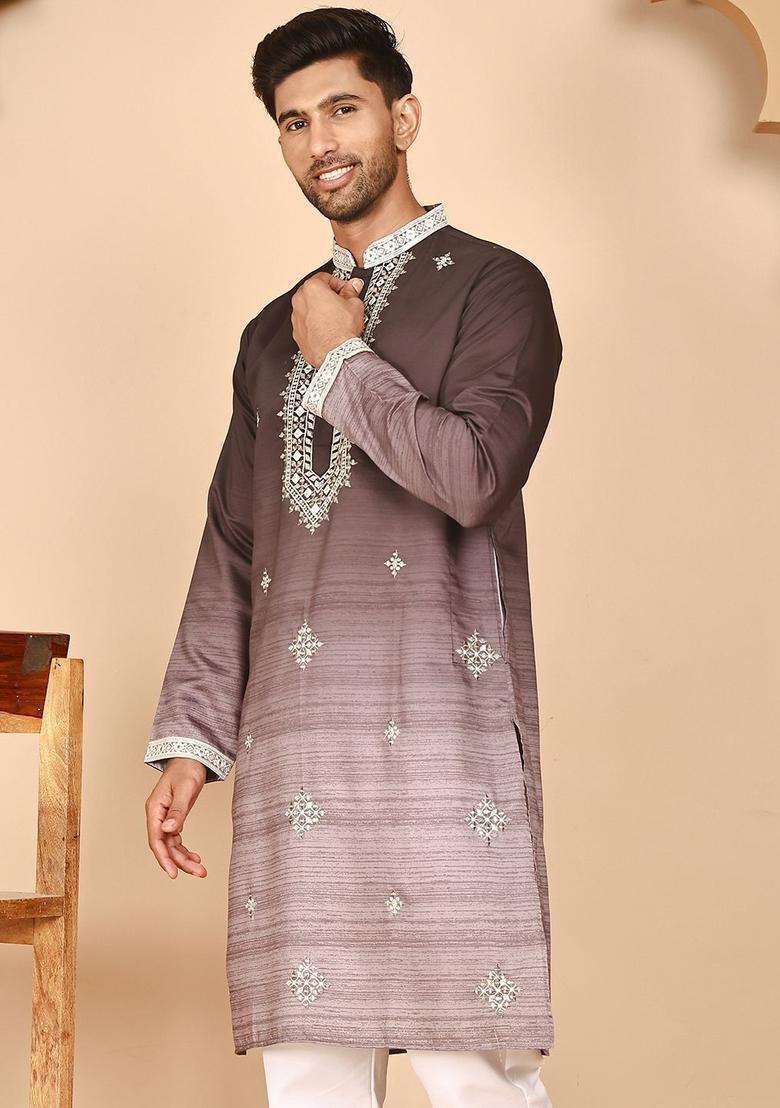 Brown Embroidered Silk Kurta For Men - Indya