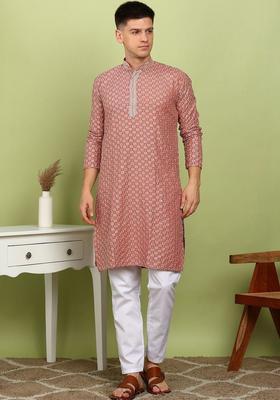 Orange Printed Viscose Kurta For Men