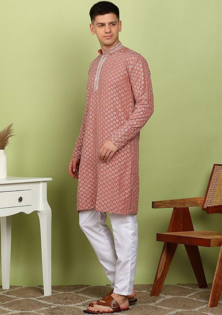 Orange Printed Viscose Kurta For Men - Indya