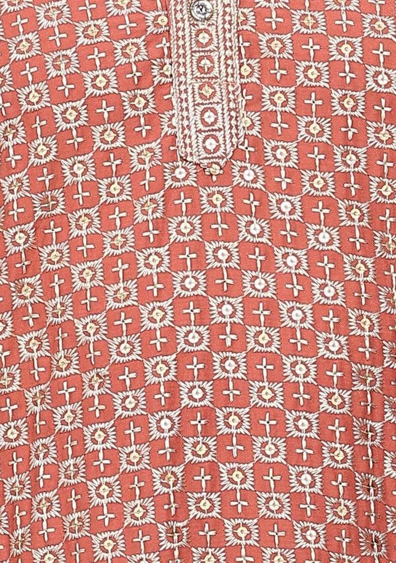 Orange Printed Viscose Kurta For Men - Indya