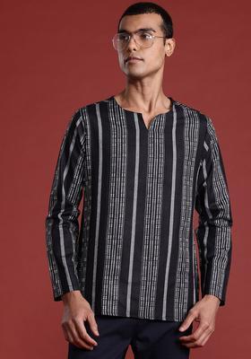 Black Woven Design Polyester Kurta For Men