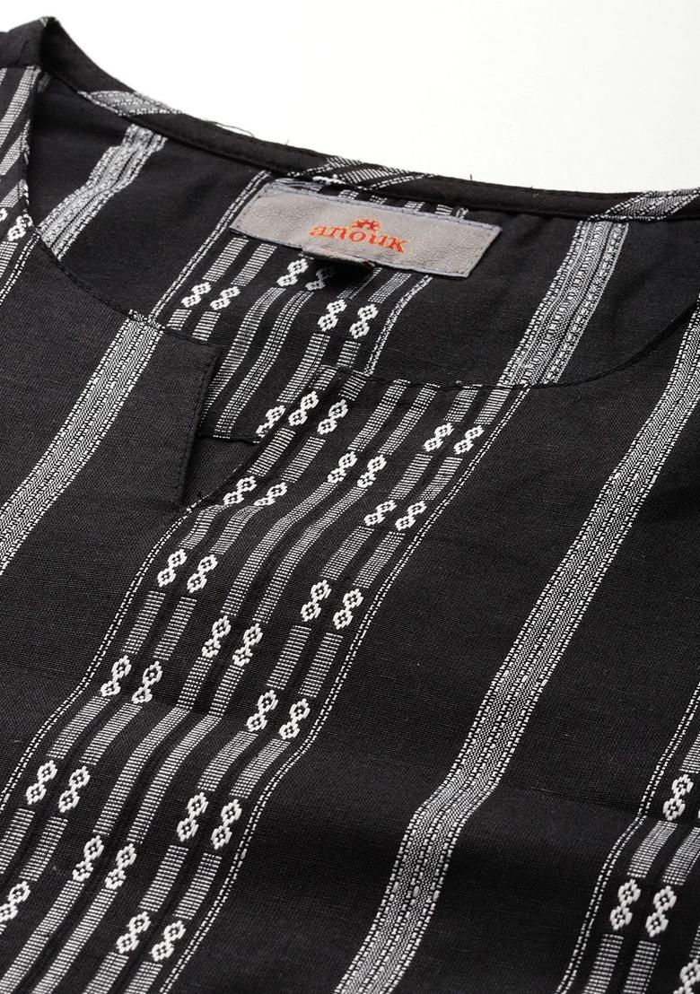 Black Woven Design Polyester Kurta For Men - Indya
