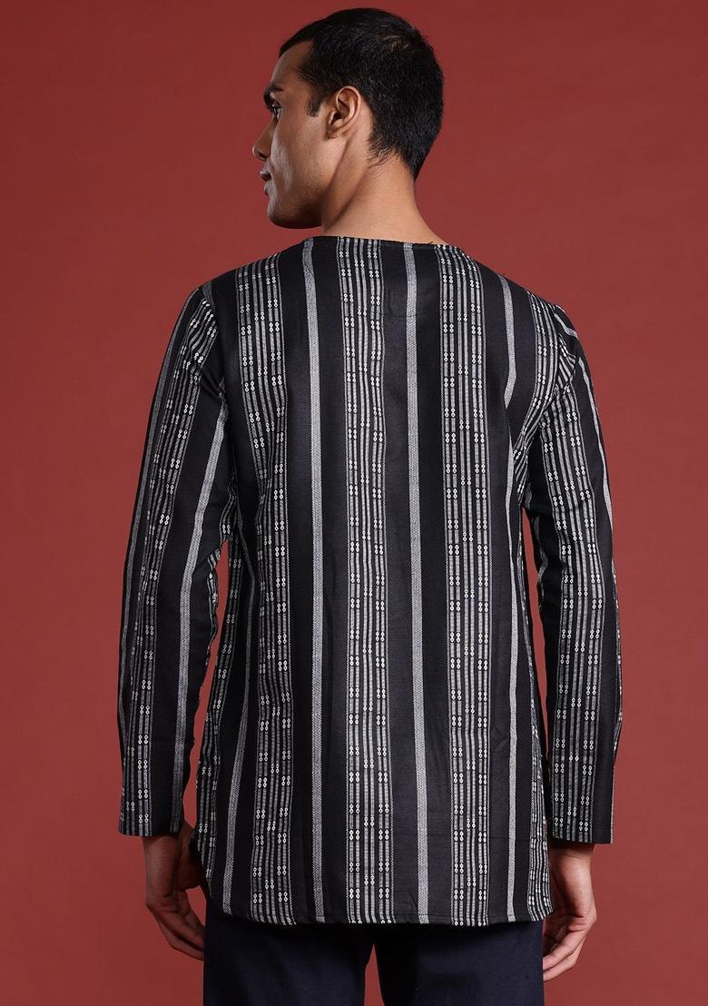 Black Woven Design Polyester Kurta For Men - Indya