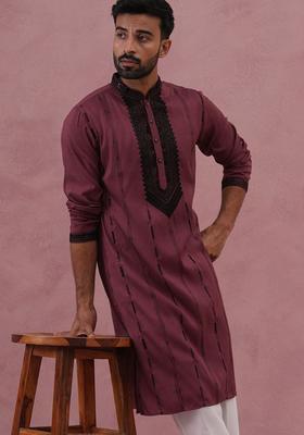 Maroon Embellished Silk Kurta For Men