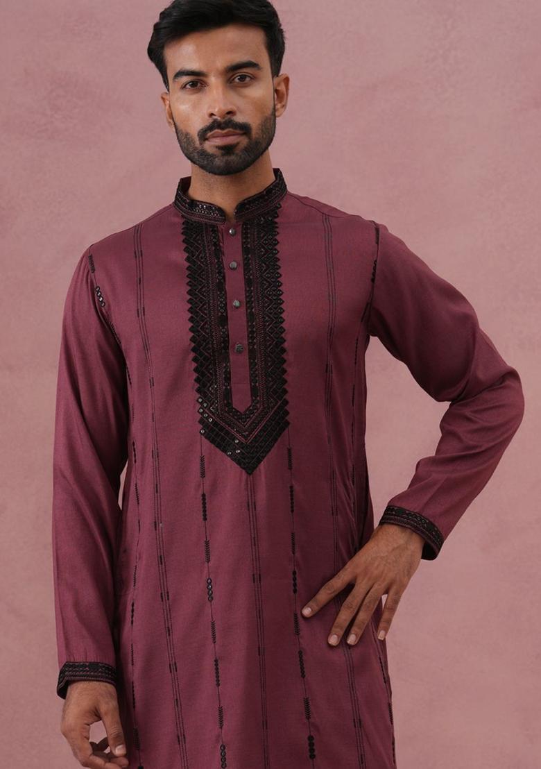 Maroon Embellished Silk Kurta For Men - Indya