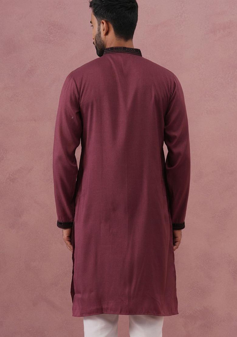 Maroon Embellished Silk Kurta For Men - Indya