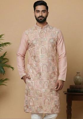 Peach Embroidered Silk Kurta For Men