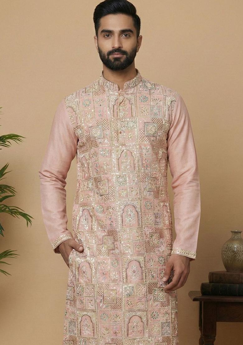Peach Embroidered Silk Kurta For Men - Indya