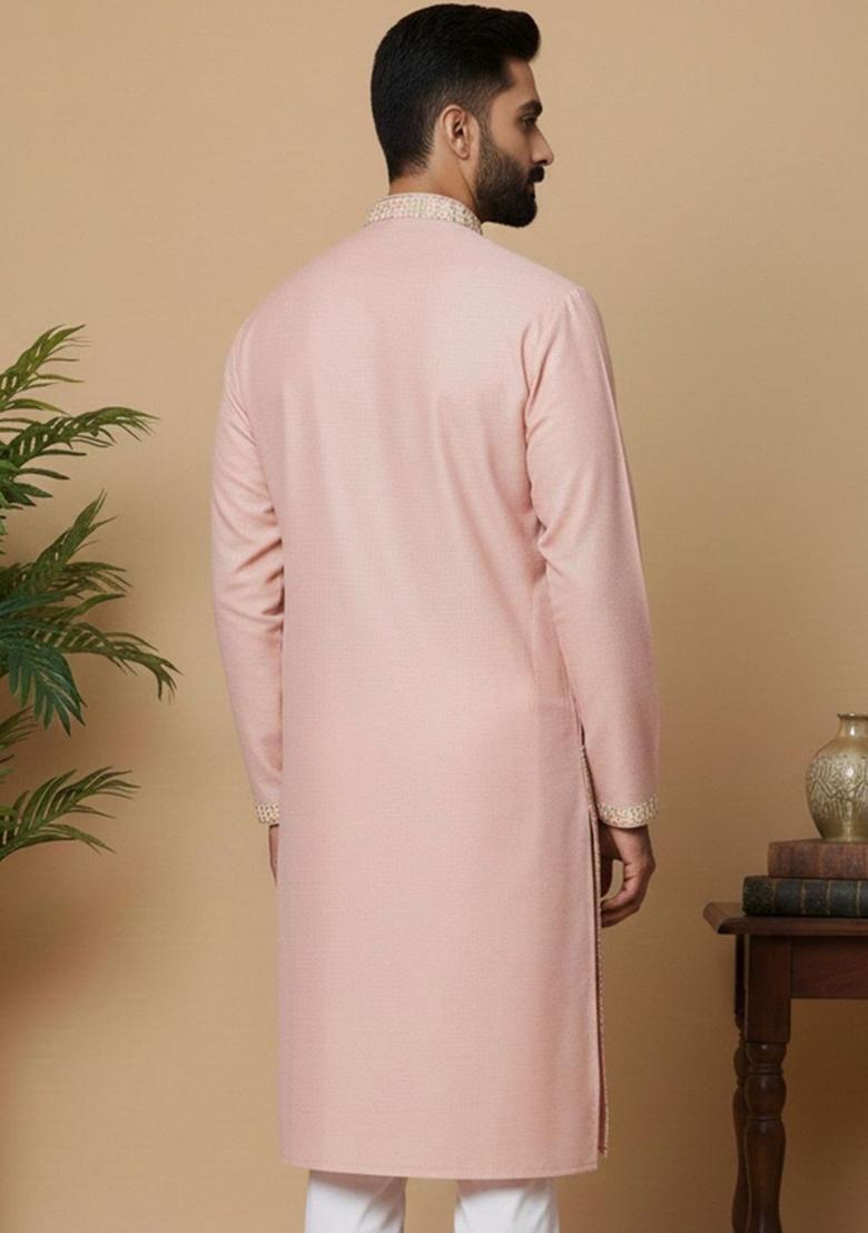 Peach Embroidered Silk Kurta For Men - Indya
