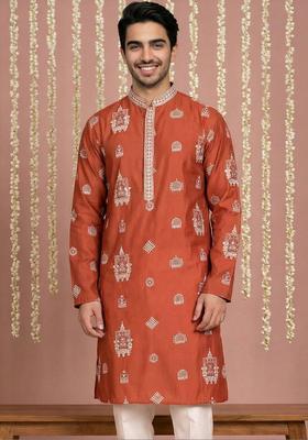 Brown Embroidered Silk Kurta For Men