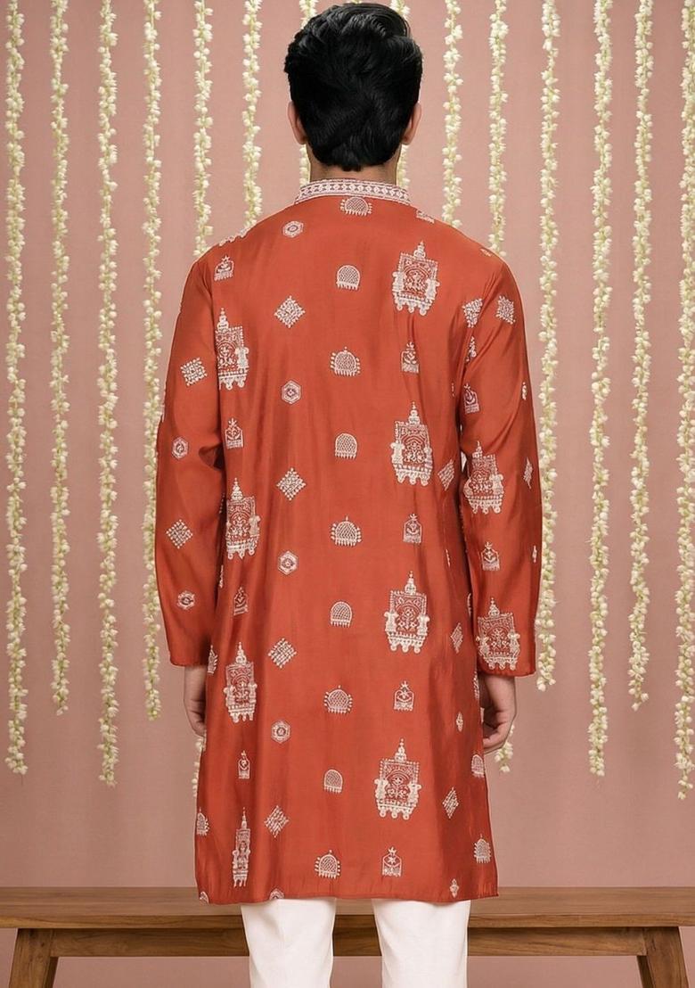 Brown Embroidered Silk Kurta For Men - Indya