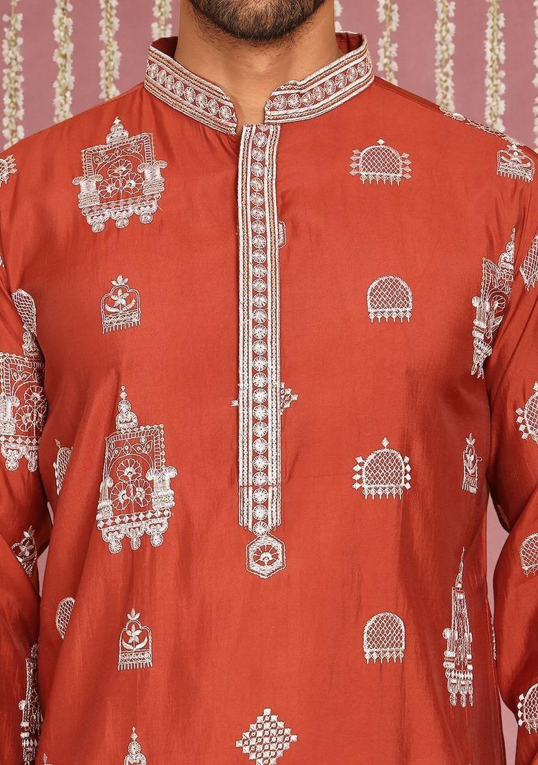 Brown Embroidered Silk Kurta For Men - Indya