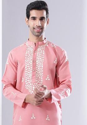 Pink Woven Design Silk Kurta For Men
