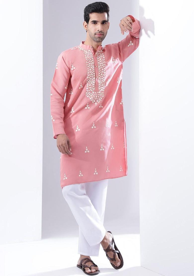 Pink Woven Design Silk Kurta For Men - Indya