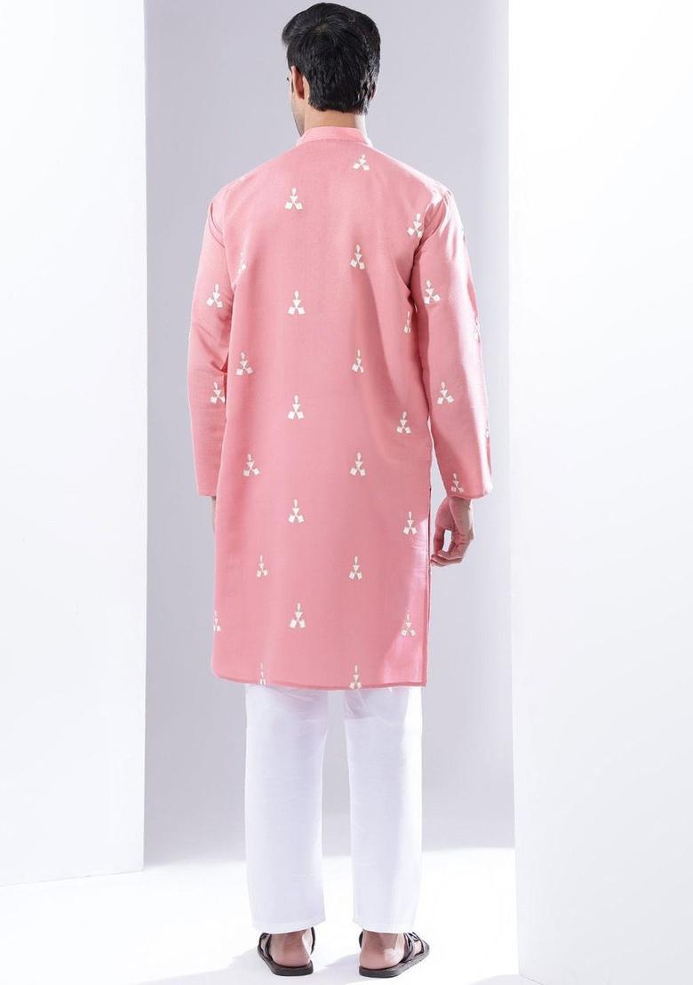 Pink Woven Design Silk Kurta For Men - Indya