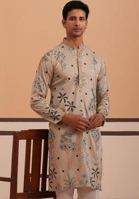 Beige Embroidered Cotton Kurta For Men