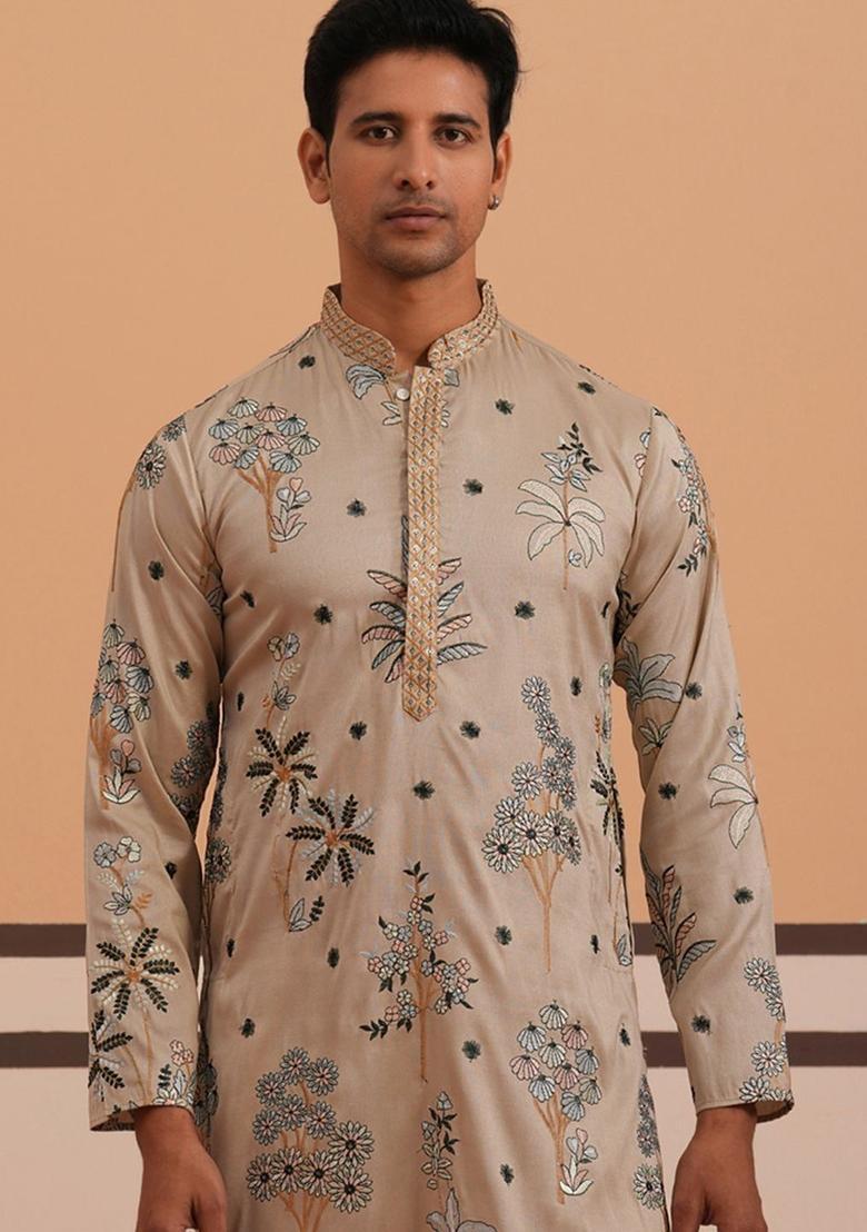 Beige Embroidered Cotton Kurta For Men - Indya