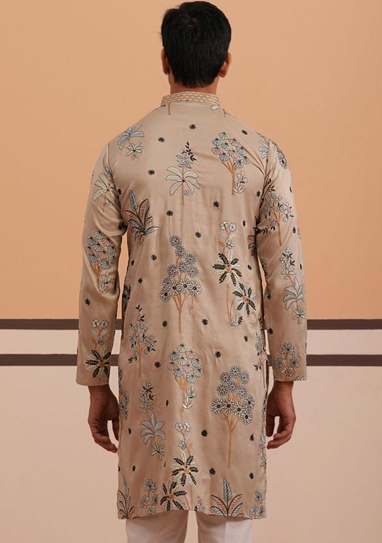 Beige Embroidered Cotton Kurta For Men - Indya