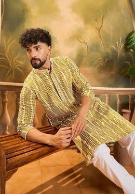 Yellow Embroidered Viscose Kurta For Men