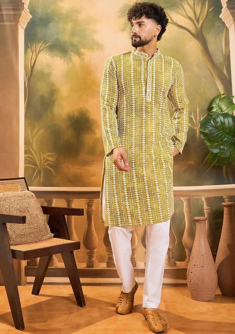 Yellow Embroidered Viscose Kurta For Men - Indya