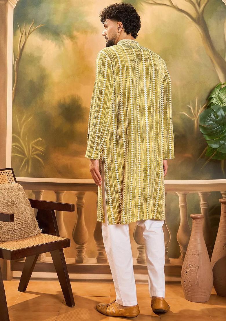 Yellow Embroidered Viscose Kurta For Men - Indya