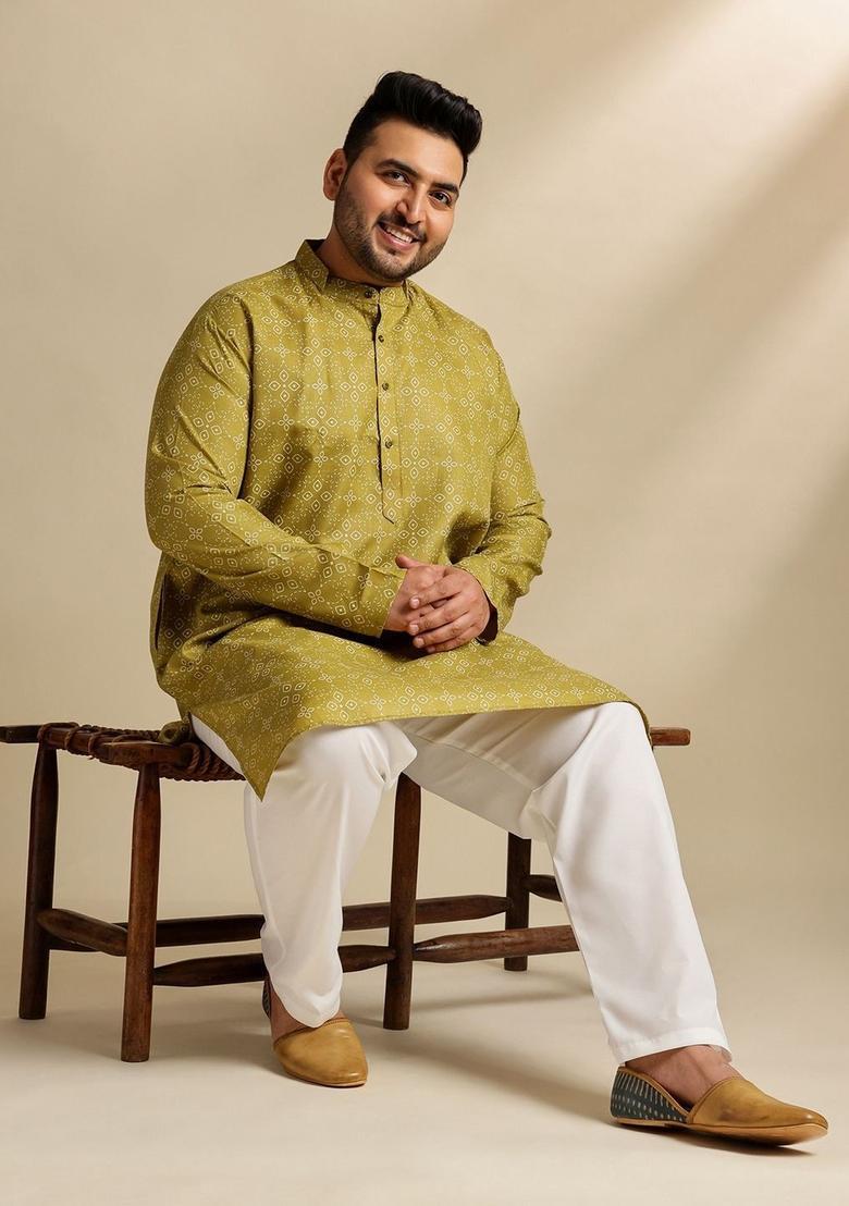 Olive Printed Cotton Kurta For Men - Indya
