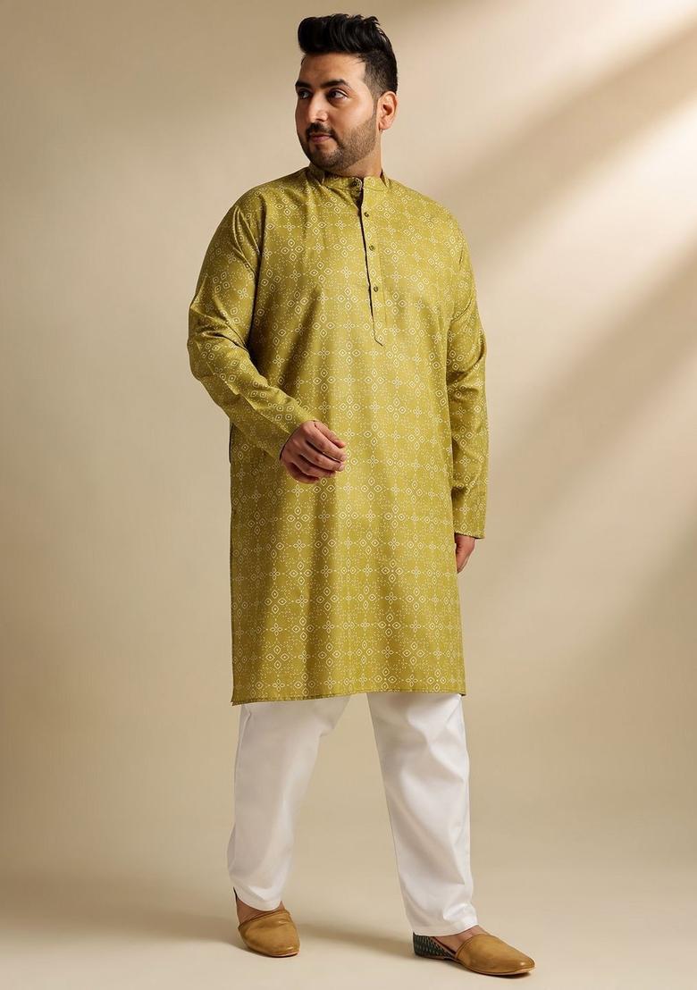 Olive Printed Cotton Kurta For Men - Indya
