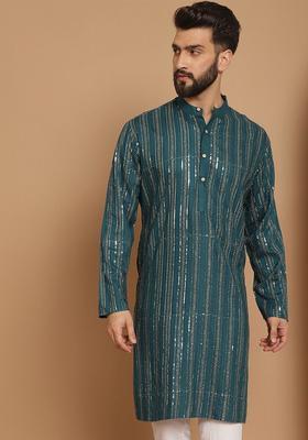 Blue Striped Cotton Kurta For Men