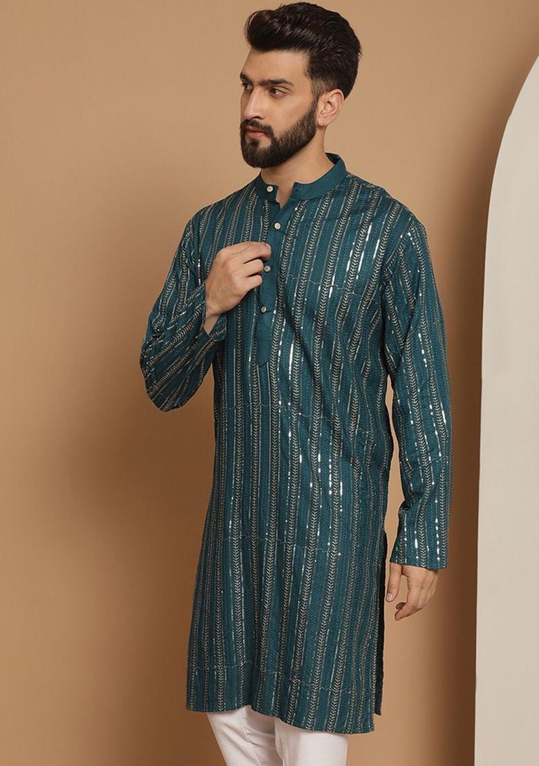 Blue Striped Cotton Kurta For Men - Indya