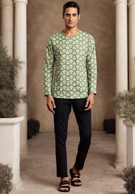 Green Printed Cotton Kurta For Men