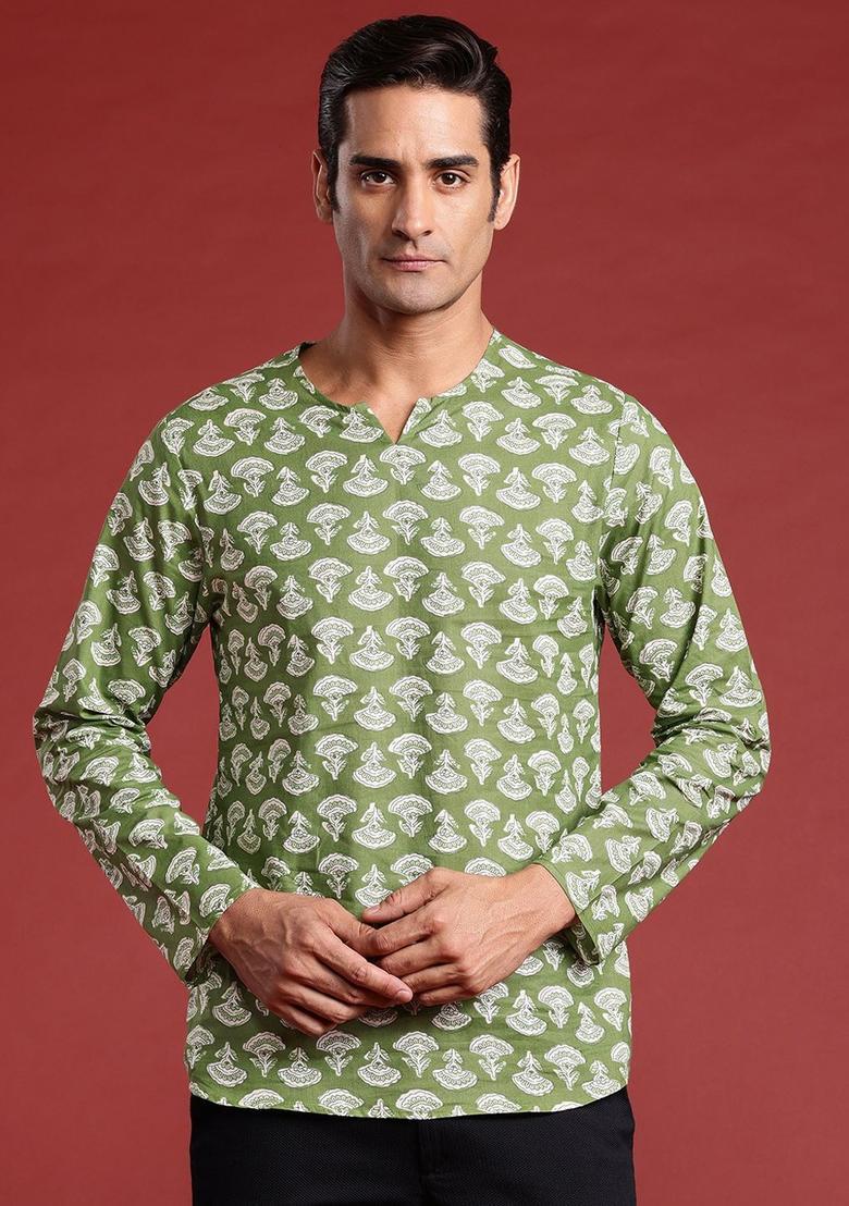 Green Printed Cotton Kurta For Men - Indya