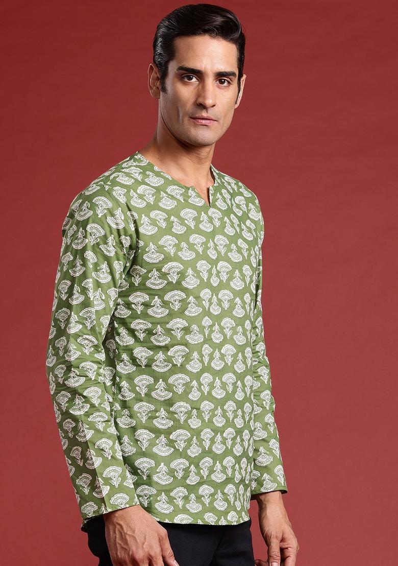 Green Printed Cotton Kurta For Men - Indya