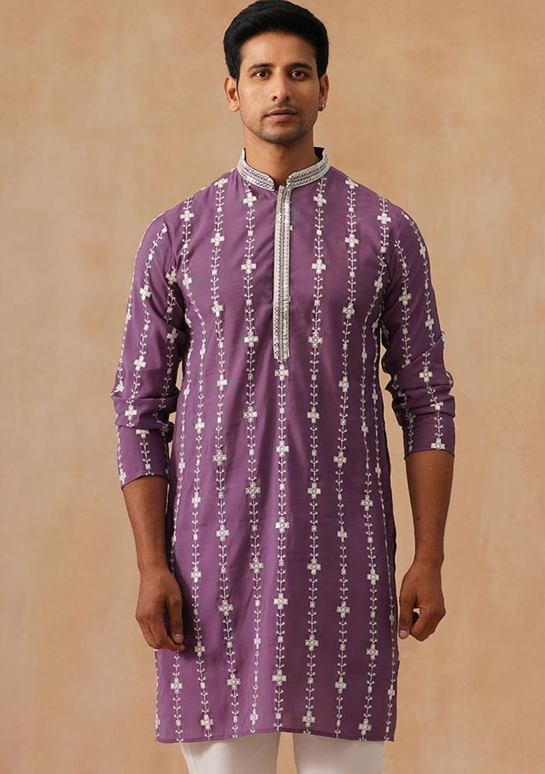 Purple Embroidered Silk Kurta For Men - Indya
