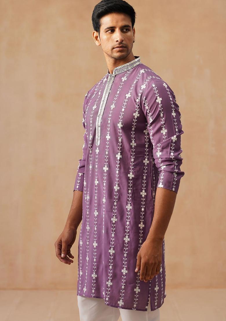 Purple Embroidered Silk Kurta For Men - Indya