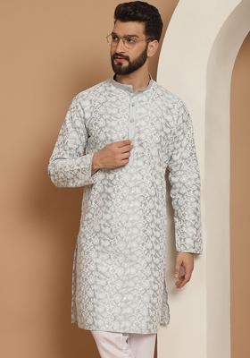 Grey Woven Design Cotton Kurta For Men