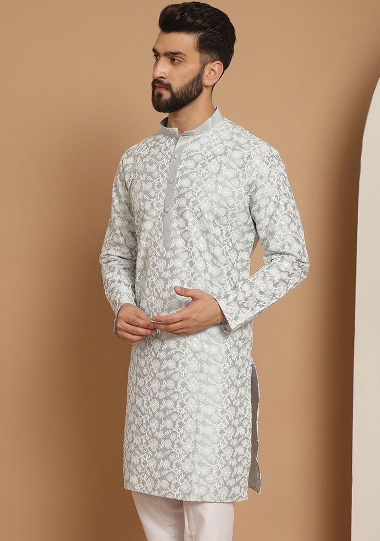 Grey Woven Design Cotton Kurta For Men - Indya
