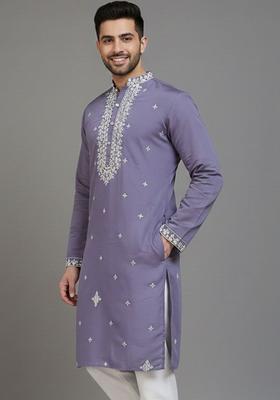 Purple Embroidered Silk Kurta For Men