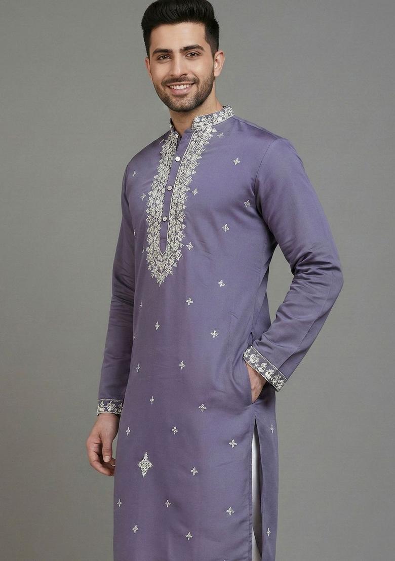Purple Embroidered Silk Kurta For Men - Indya