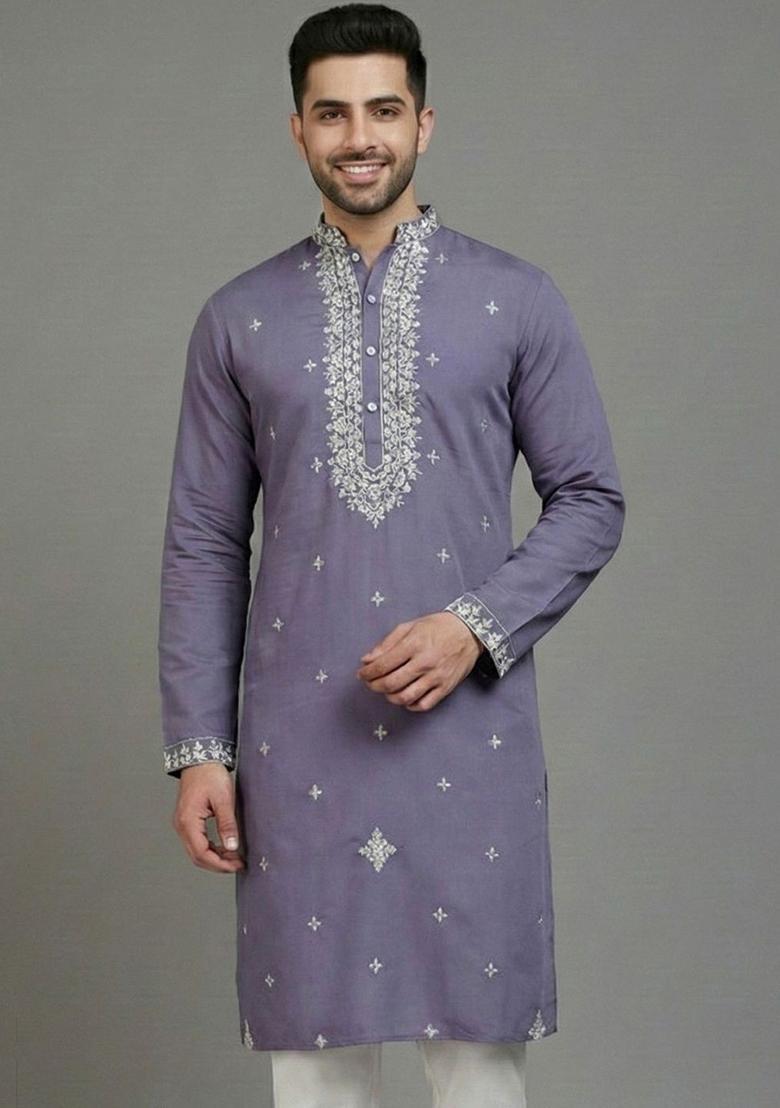 Purple Embroidered Silk Kurta For Men - Indya